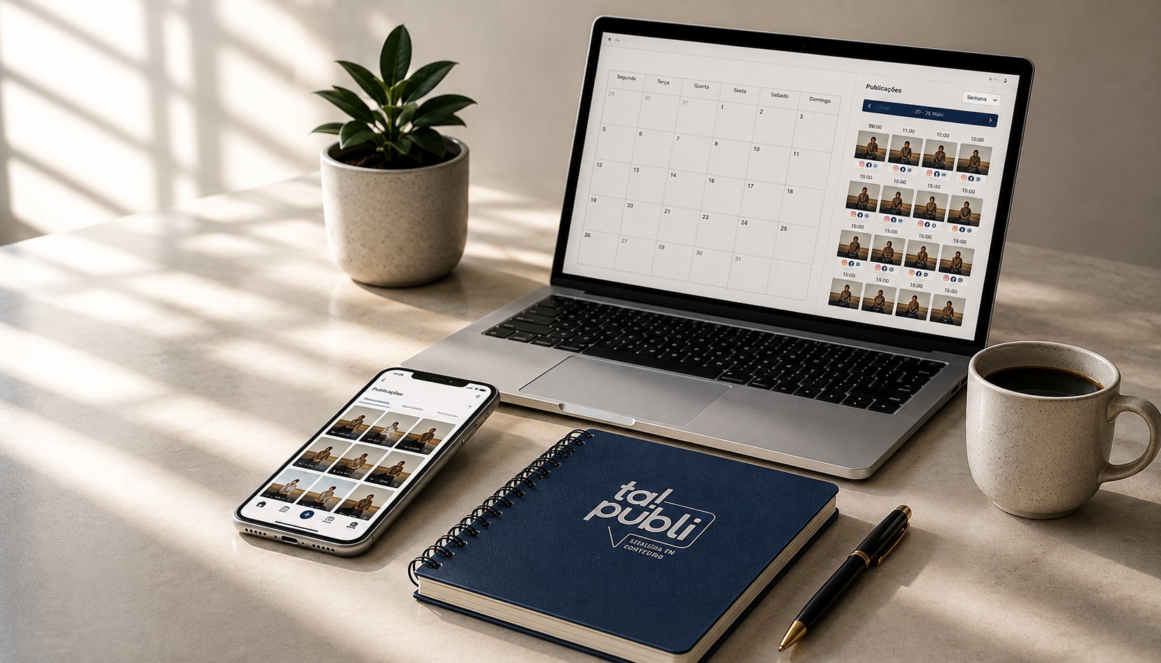 Mesa de escritório com notebook exibindo calendário de conteúdo, celular e caderno Ta!Publi